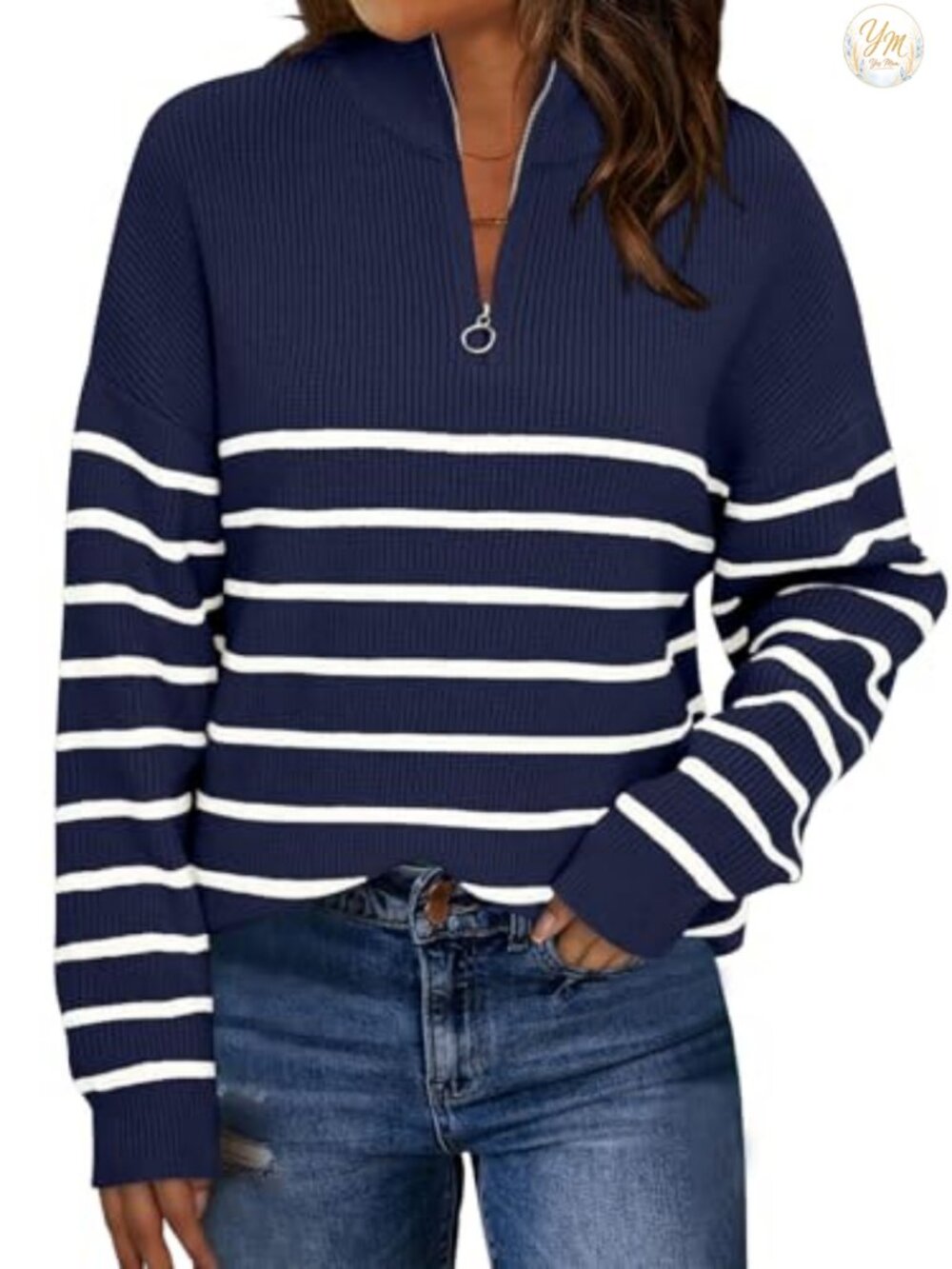 Women's Striped Quarter Zip Oversized Sweater Pullover 50% Viscose